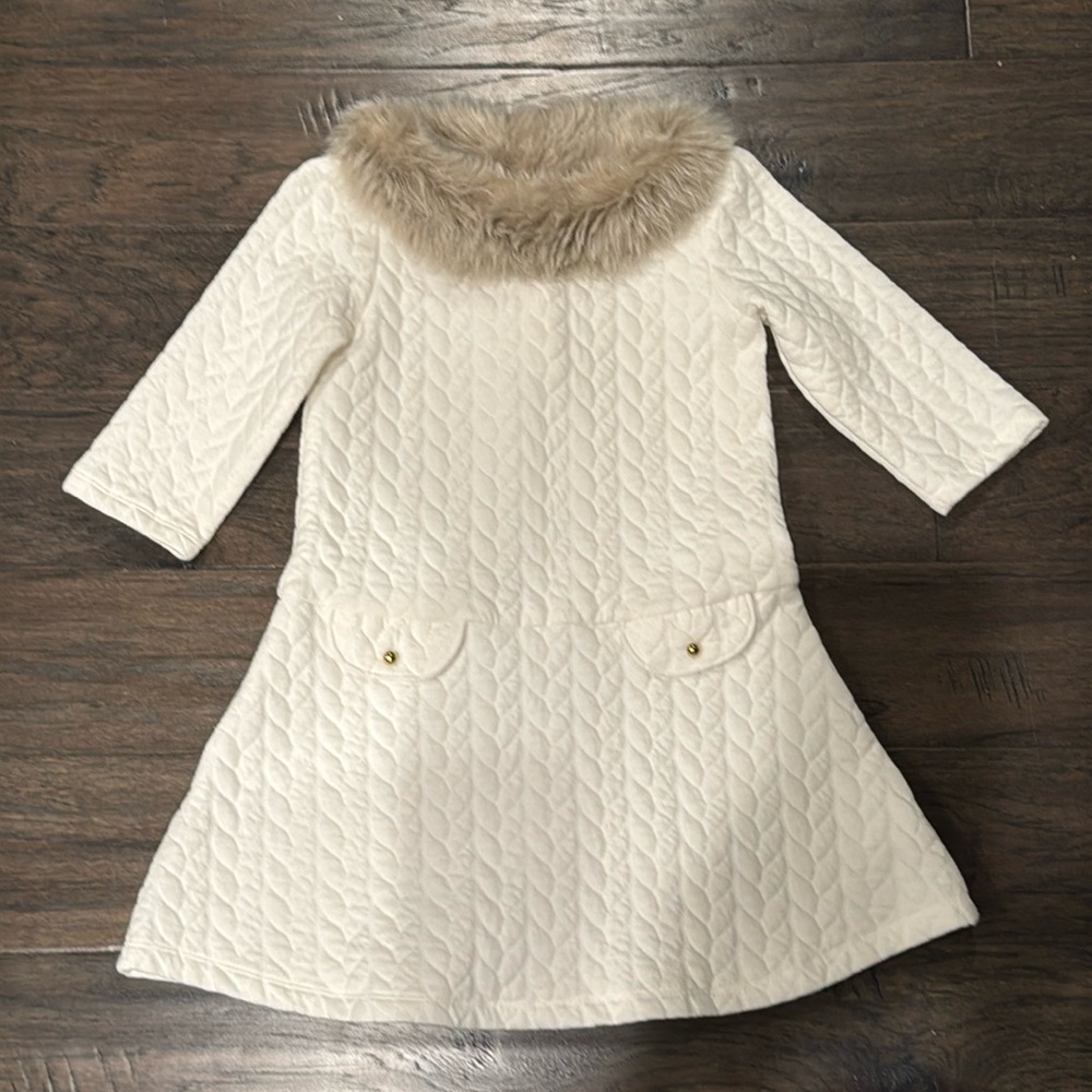Janie and Jack Ivory Quilted Dress with Fur Collar - like new!